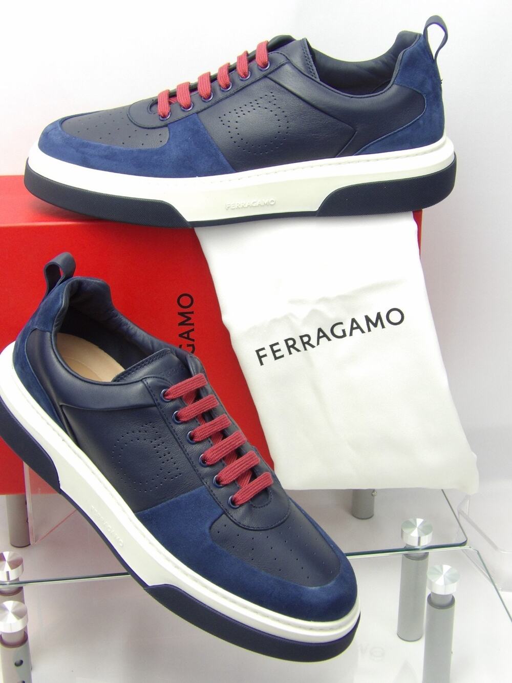 NIB FERRAGAMO CASSINA BLUE LEATHER LOGO LACE UP SNEAKERS 11.5 M ITALY